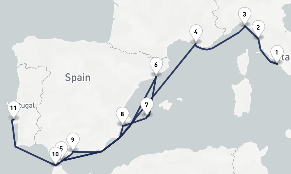 14 days, one-way from Civitavecchia-Rome to Lisbon 15日間