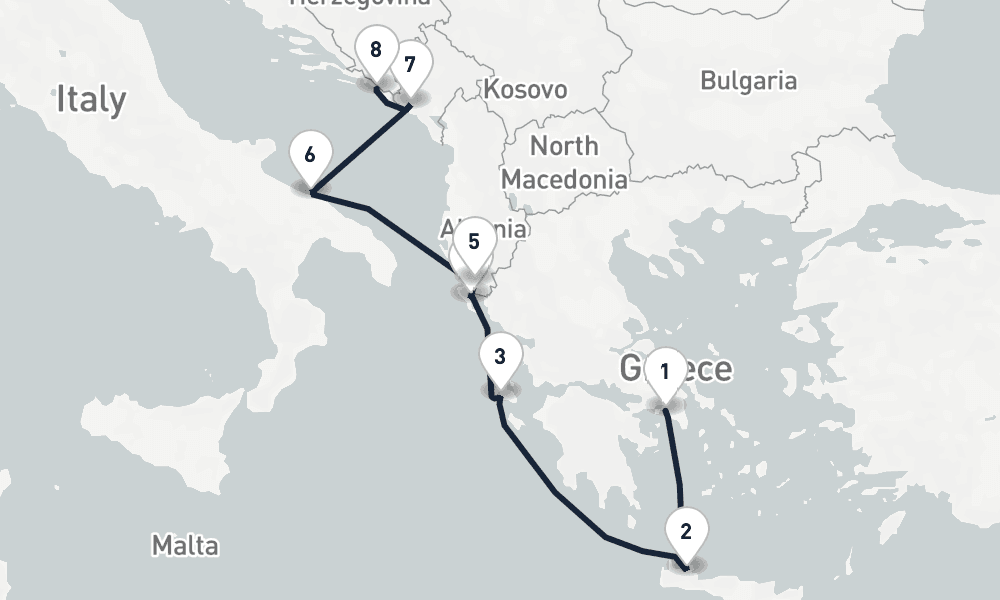 7 days, one-way from Piraeus-Athens to Dubrovnik 8日間