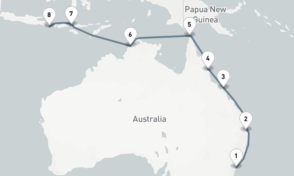 14 days, one-way from Sydney to Benoa 15日間