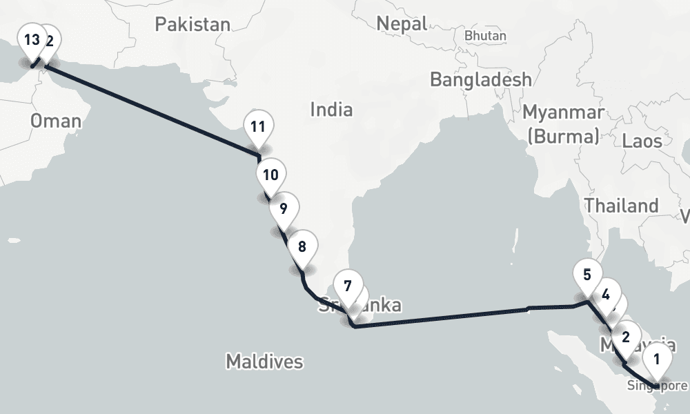 18 nights / 19 days, one-way from Singapore to Dubai (Port Rashid, UAE)