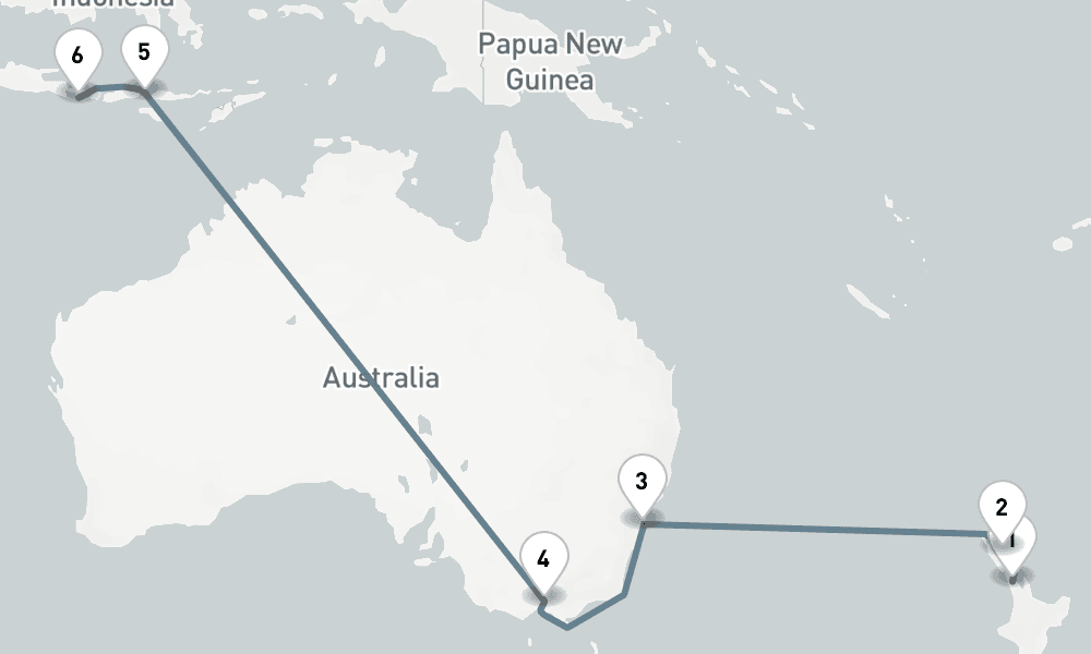 18 nights / 19 days, one-way from Auckland to Benoa (Bali, Indonesia)