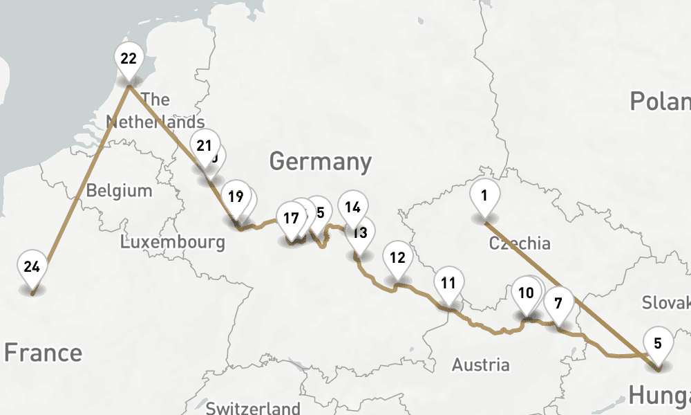 20 nights / 21 days, one-way from Prague (Czech Republic) to Paris