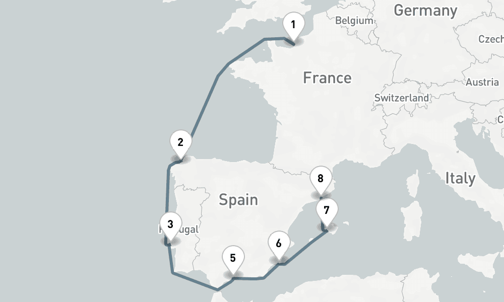 9 nights / 10 days, one-way from Le Havre (Paris, France) to Barcelona