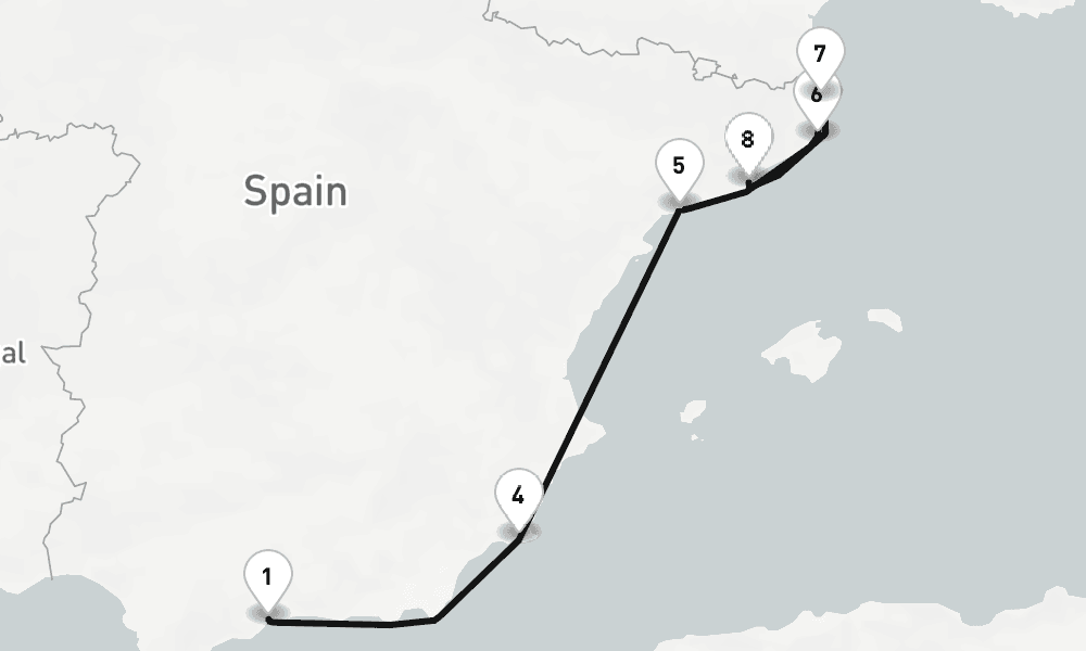 7 nights / 8 days, one-way from Malaga to Barcelona