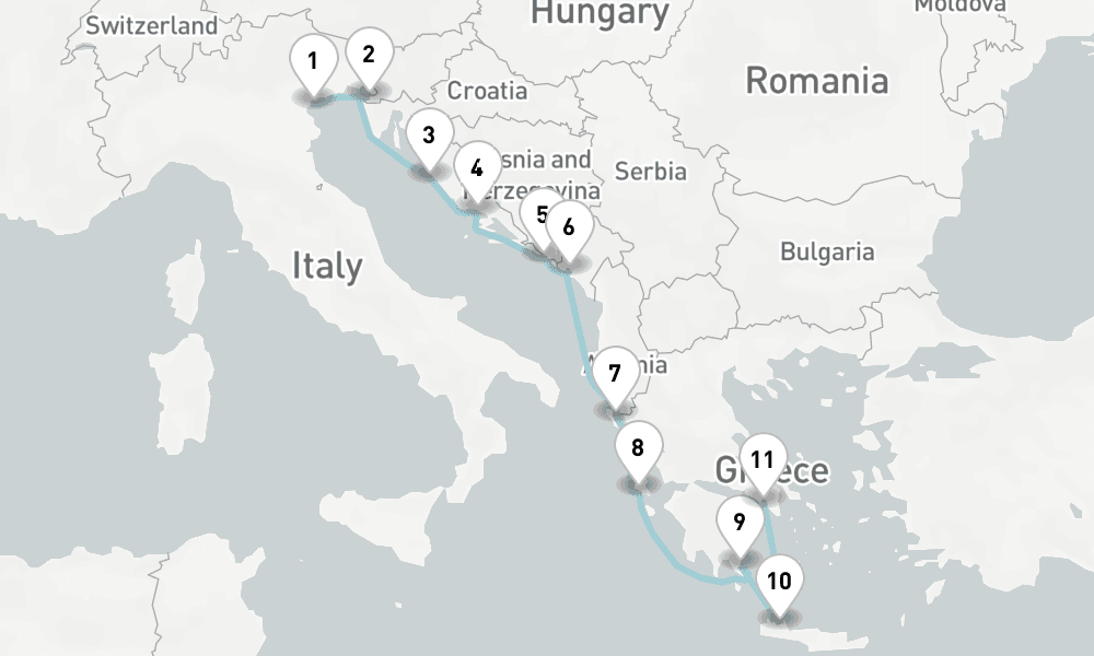 10 nights / 11 days, one-way from Venice to Piraeus (Athens, Greece)