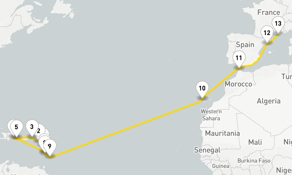 21 days, one-way from Pointe-a-Pitre to Marseille 22日間