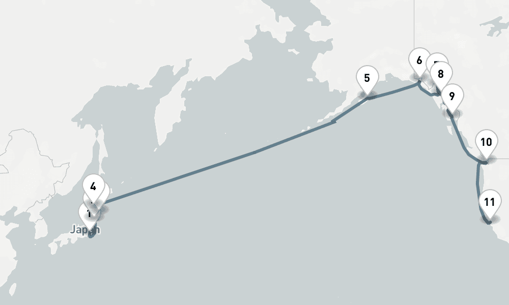 20 days, one-way from Tokyo to San Francisco 21日間