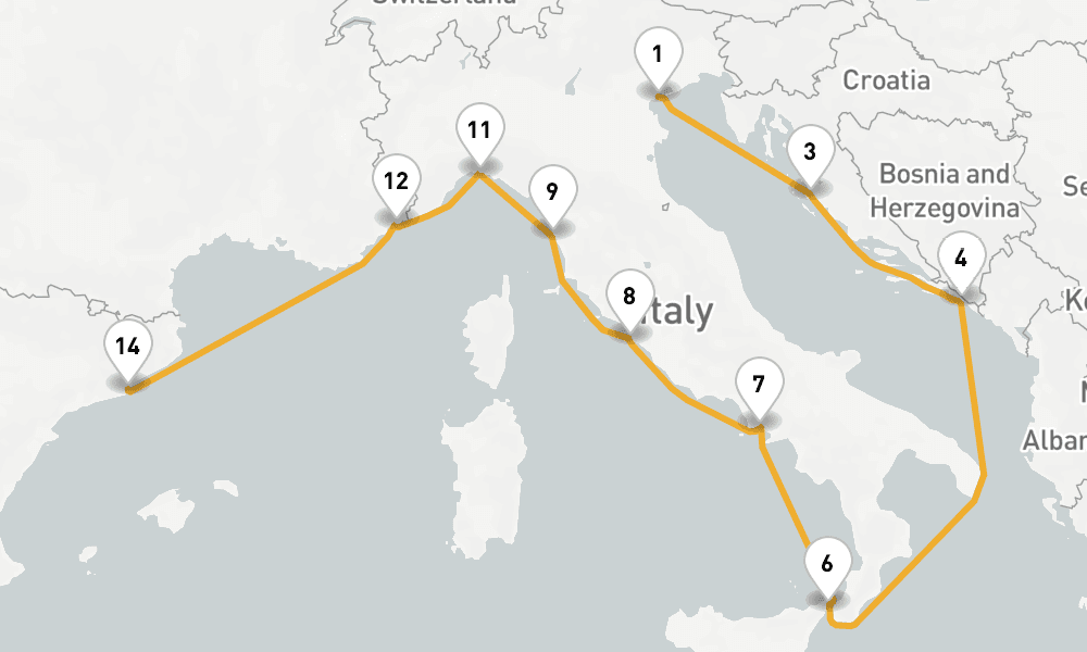 15 days, one-way from Venice to Barcelona 16日間