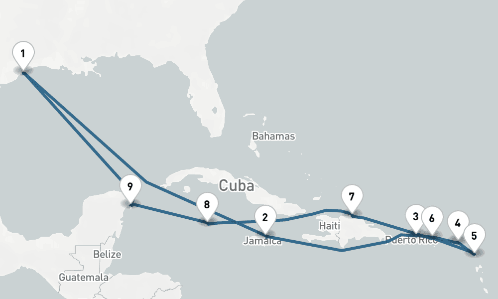14 days, round-trip Caribbean Round-trip Galveston Cozumel Dominican Republic 15日間