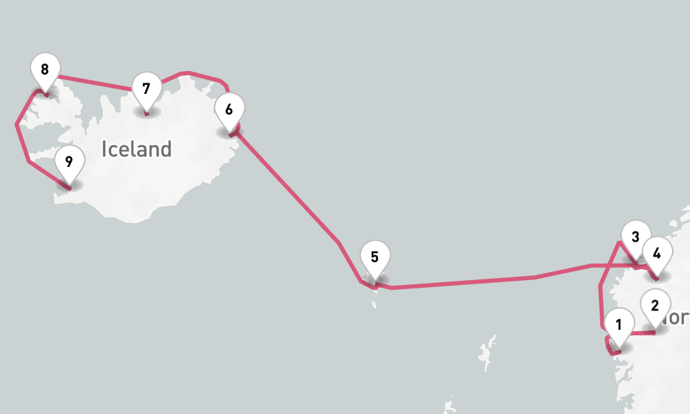 12 days, one-way from Bergen to Reykjavik 13日間