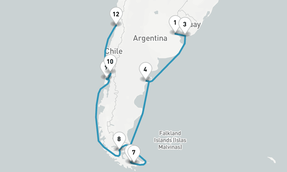20 nights / 21 days, one-way from Buenos Aires to Valparaiso (Santiago, Chile)