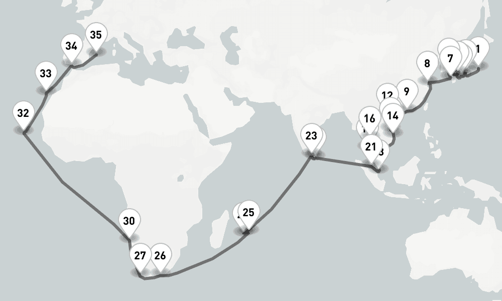69 days, one-way from Tokyo to Palma de Mallorca 70日間