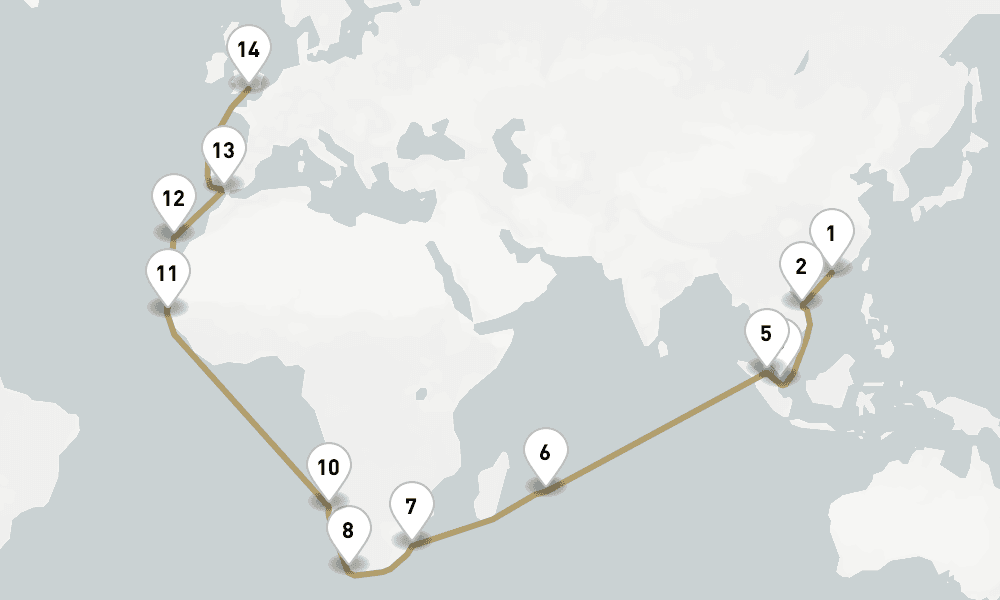 39 days, one-way from Hong Kong to Southampton 40日間