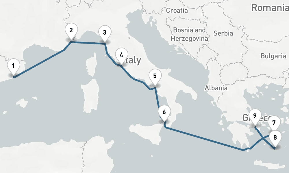 9 days, one-way from Barcelona to Piraeus-Athens 10日間