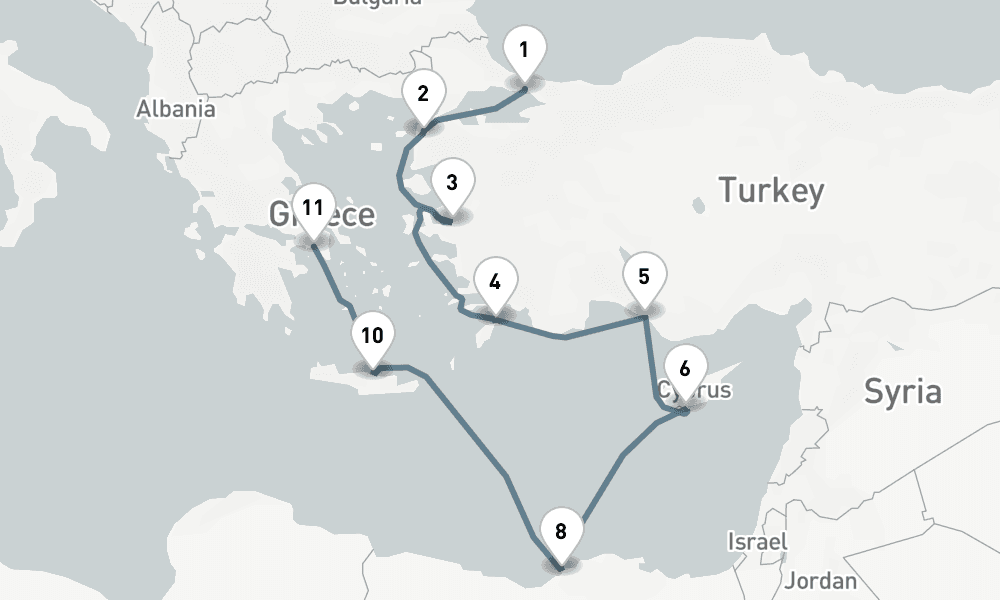 14 days, one-way from Istanbul to Piraeus-Athens 15日間