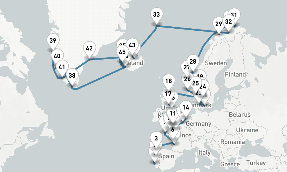 54 days, one-way from Lisbon to Reykjavik 55日間