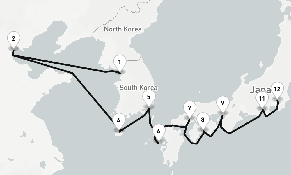15 days, one-way from Incheon to Tokyo 16日間