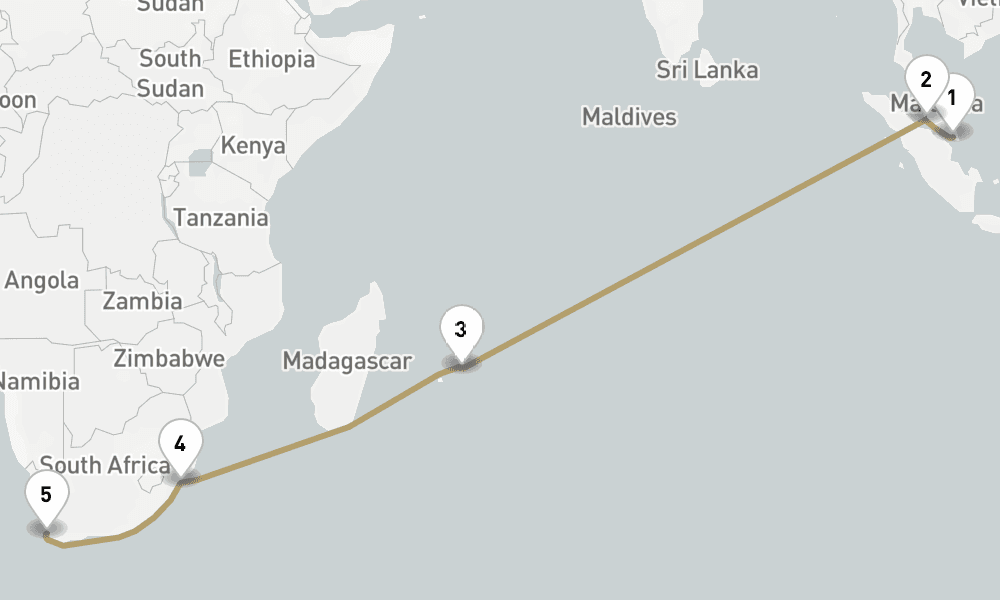 16 days, one-way from Singapore to Cape Town 17日間