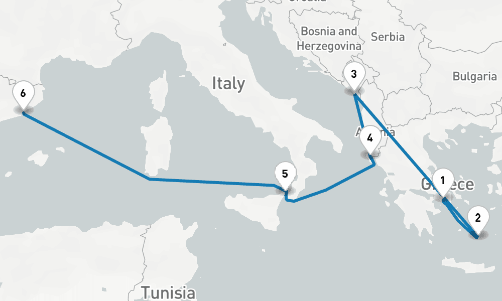 7 days, one-way from Piraeus-Athens to Barcelona 8日間