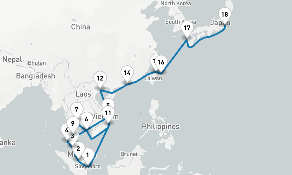 28 days, one-way from Singapore to Tokyo 29日間