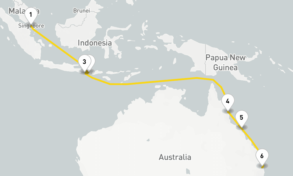 14 days, one-way from Singapore to Brisbane 15日間
