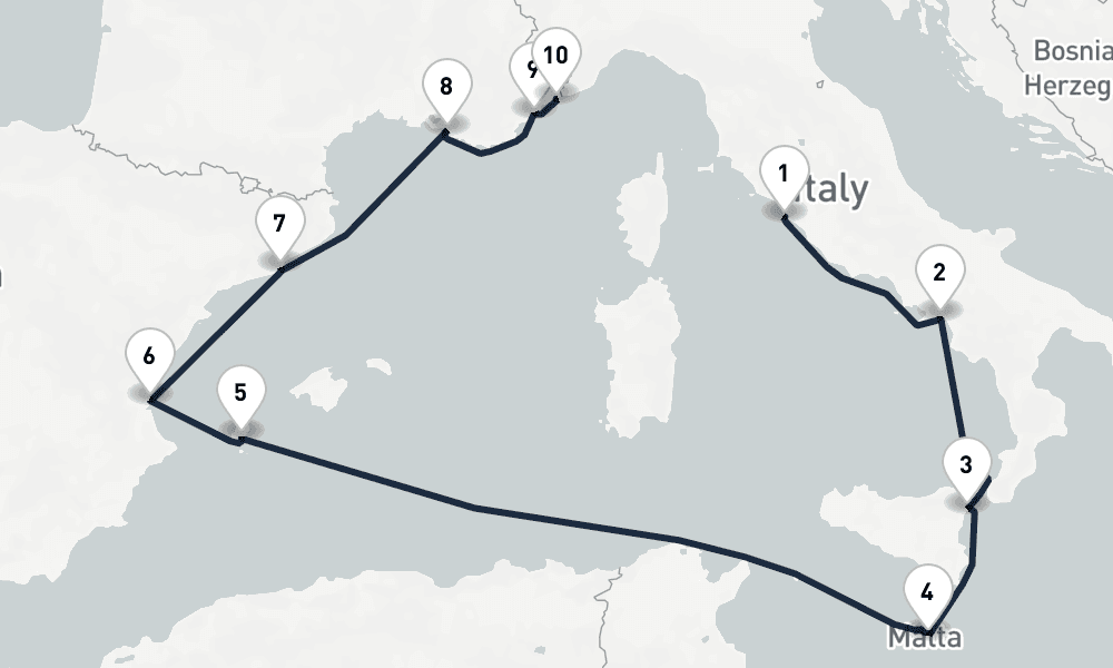 10 days, one-way from Civitavecchia-Rome to Monte Carlo 11日間