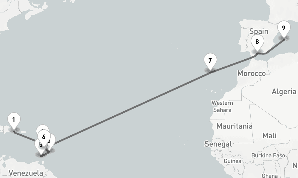 18 days, one-way from La Romana to Palma de Mallorca 19日間