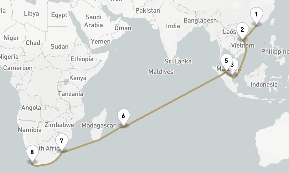 22 days, one-way from Hong Kong to Cape Town 23日間