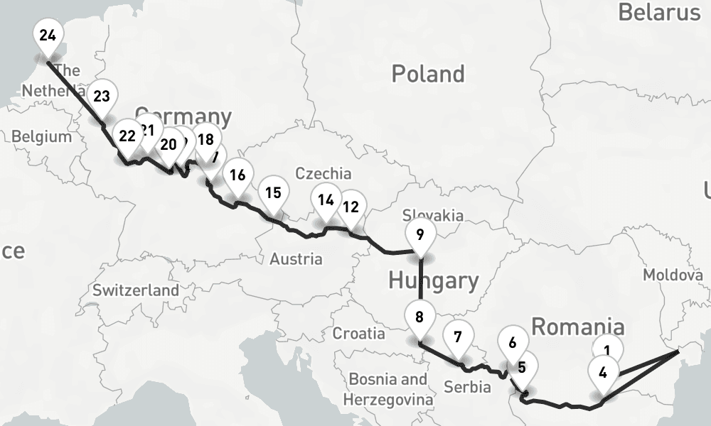 23 nights / 24 days, one-way from Bucharest to Amsterdam (Holland)