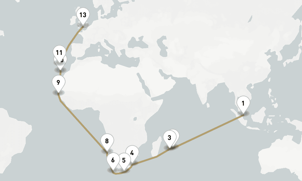39 days, one-way from Singapore to Southampton 40日間