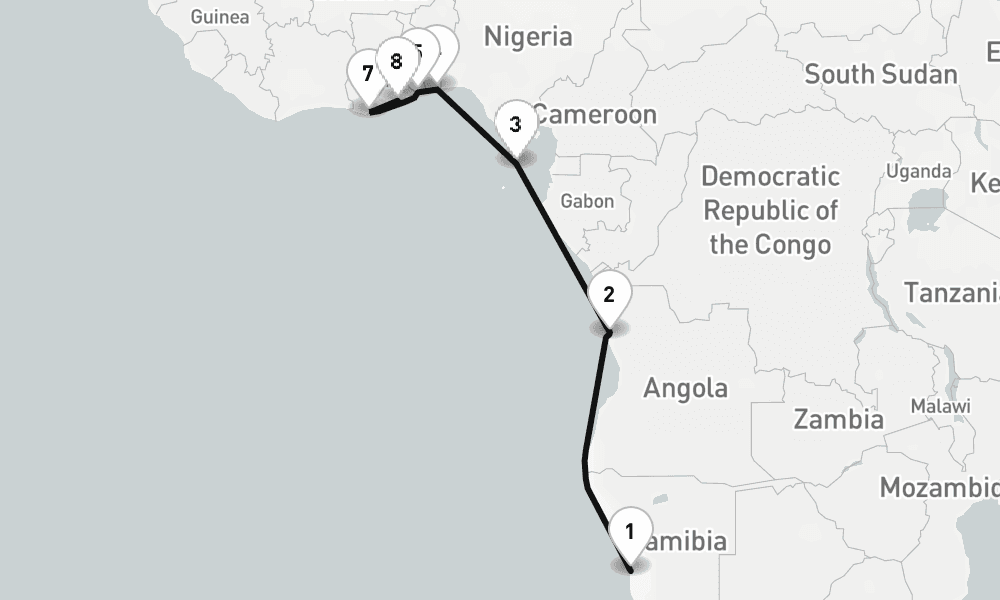 17 days, one-way from Walvis Bay to Tema Harbour-Accra 18日間