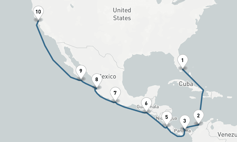 18 days, one-way from Miami to San Francisco 19日間