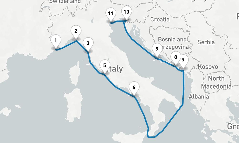 11 days, one-way from Monte Carlo to Venice 12日間