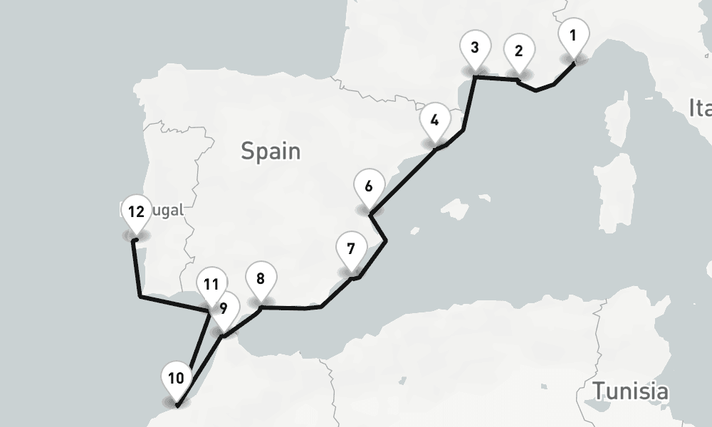 12 days, one-way from Monte Carlo to Lisbon 13日間