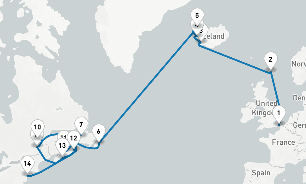 22 days, one-way from Dover to New York 23日間