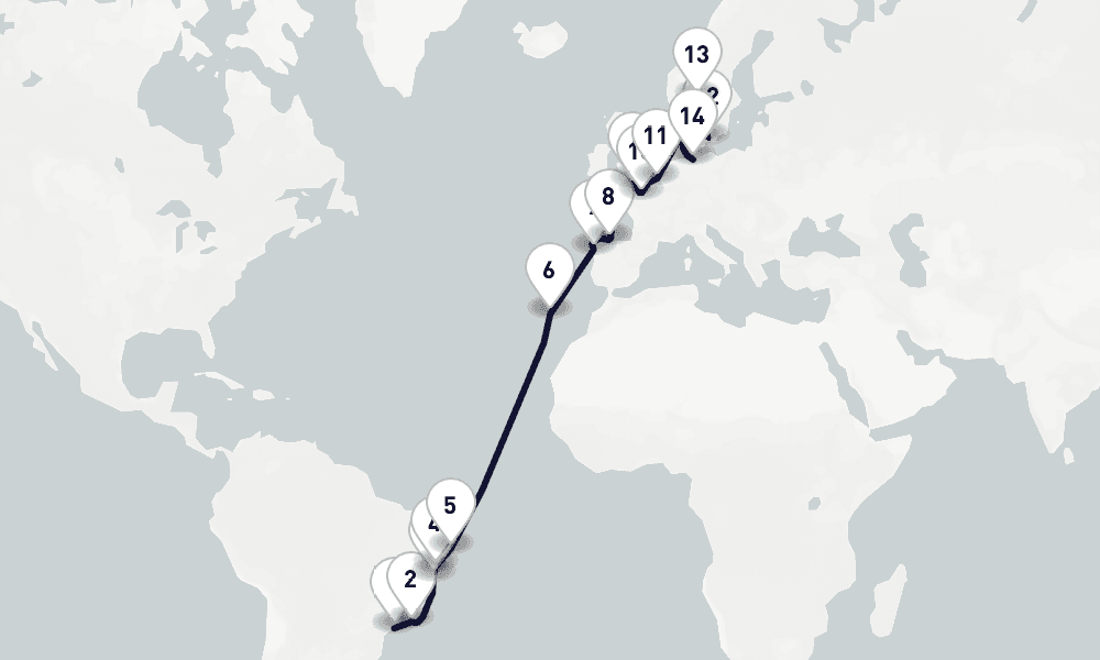 24 days, one-way from Santos to Hamburg 25日間