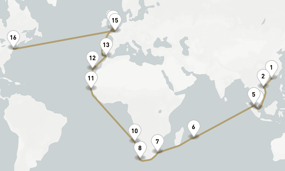47 days, one-way from Hong Kong to New York 48日間