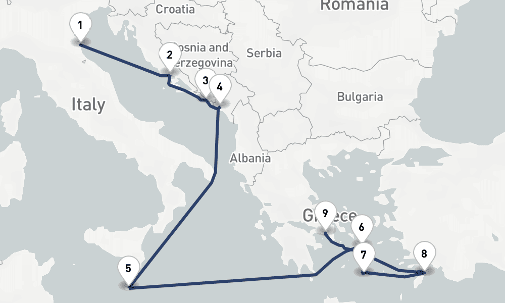 11 days, one-way from Ravenna to Piraeus-Athens 12日間