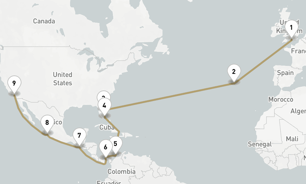 27 days, one-way from Southampton to Los Angeles 28日間