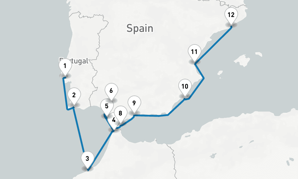 11 days, one-way from Lisbon to Barcelona 12日間