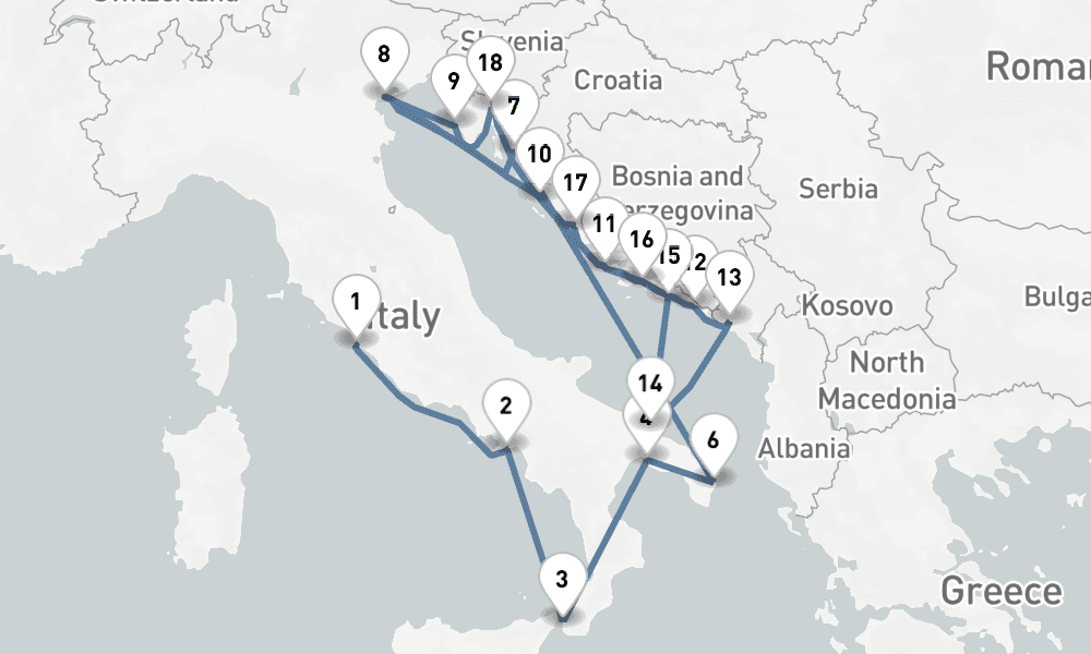 20 days, one-way from Civitavecchia-Rome to Venice 21日間