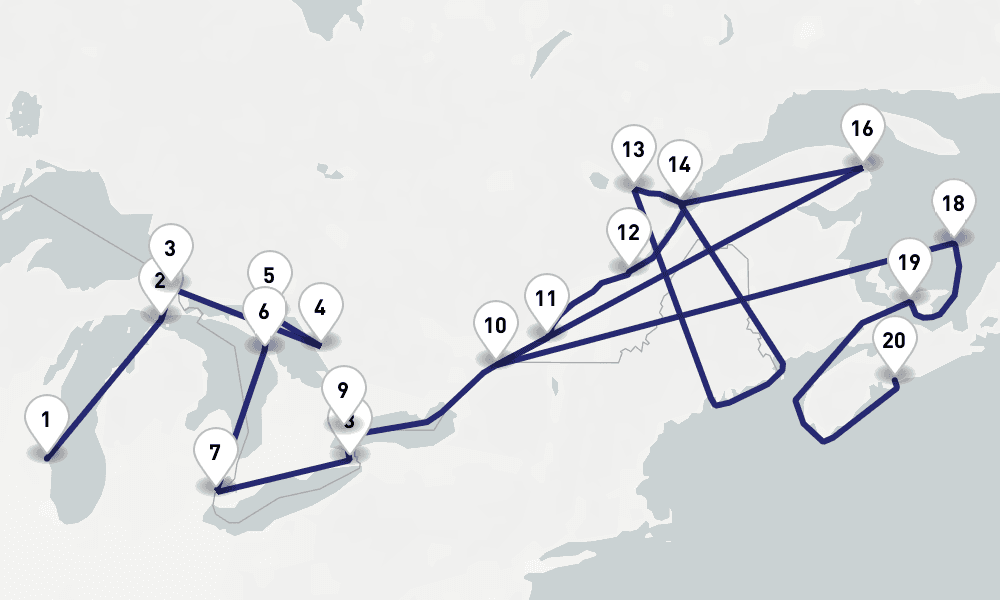 19 days, one-way from Milwaukee WI to Halifax 20日間
