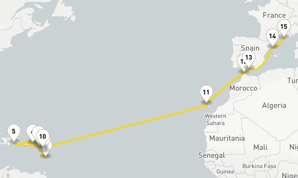 23 days, one-way from Fort-de-France to Marseille 24日間