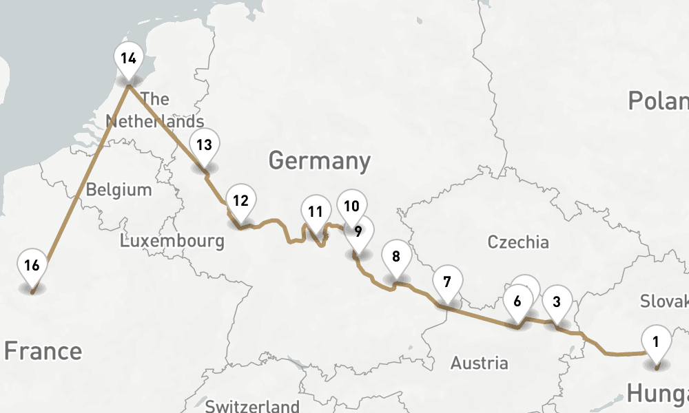 17 nights / 18 days, one-way from Budapest to Paris