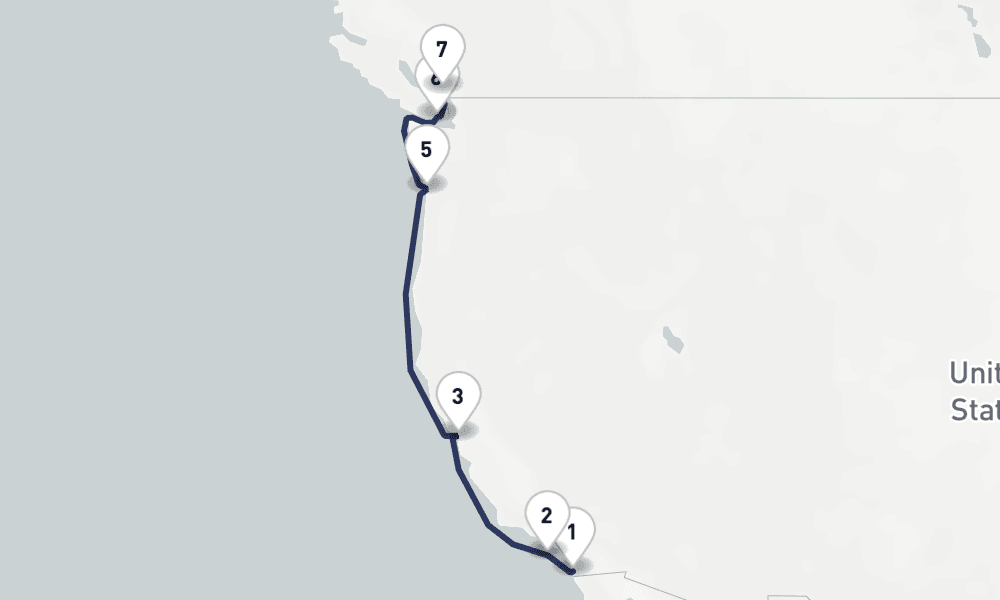 7 days, one-way from San Diego to Vancouver 8日間