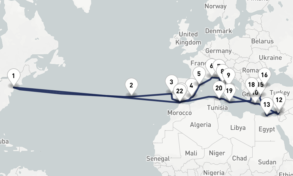 44 days, round-trip Legendary Ultimate Mediterranean Atlantic Passage 45日間