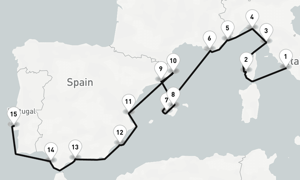 16 days, one-way from Civitavecchia-Rome to Lisbon 17日間
