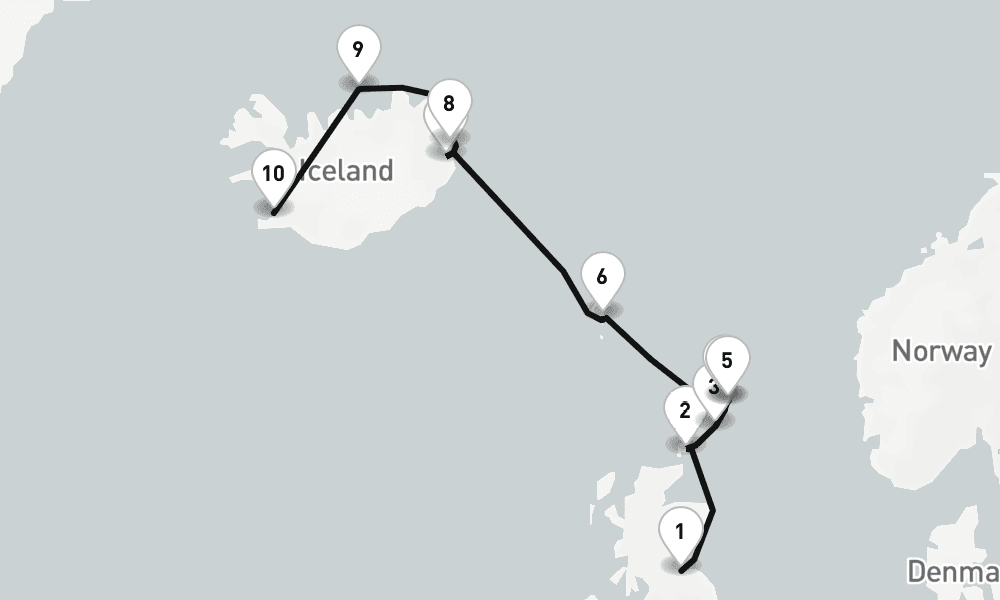 11 days, one-way from Leith-Edinburgh to Reykjavik 12日間