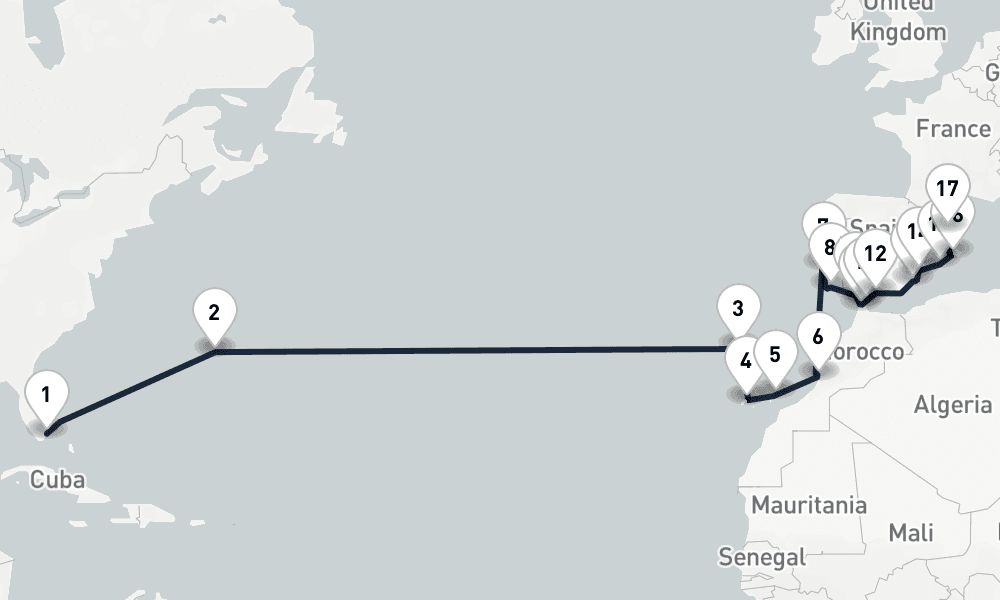 25 days, one-way from Miami to Barcelona 26日間