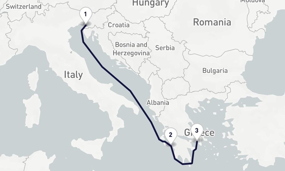 3 days, one-way from Trieste to Piraeus-Athens 4日間